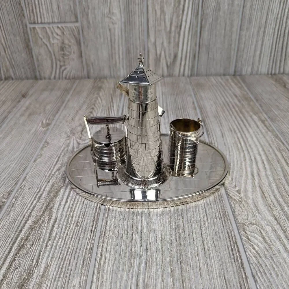 Victorian Silver Plated Novelty Cruet Set with Engraved Windmill Style Pepper Po